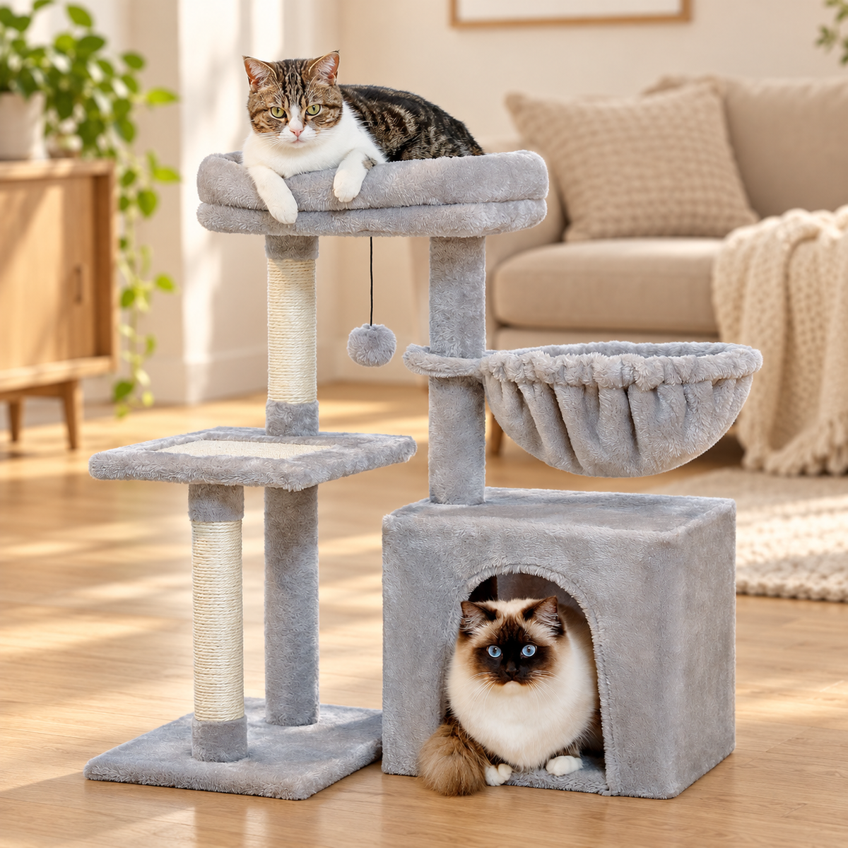 Petit arbre à chat avec hamac et niche dans son décor