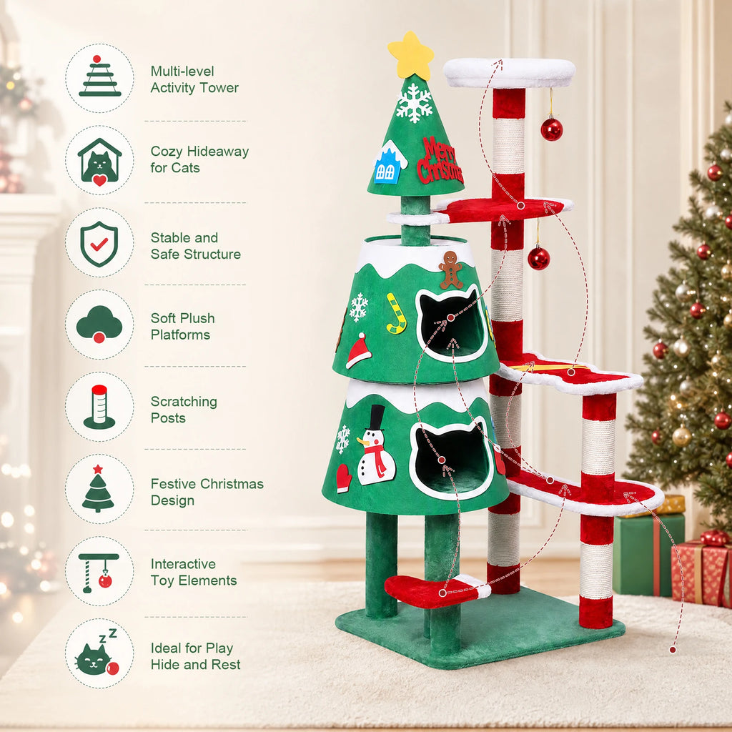 Arbre à chat sapin de Noël 144 cm, 2 niches et poteau en sisal