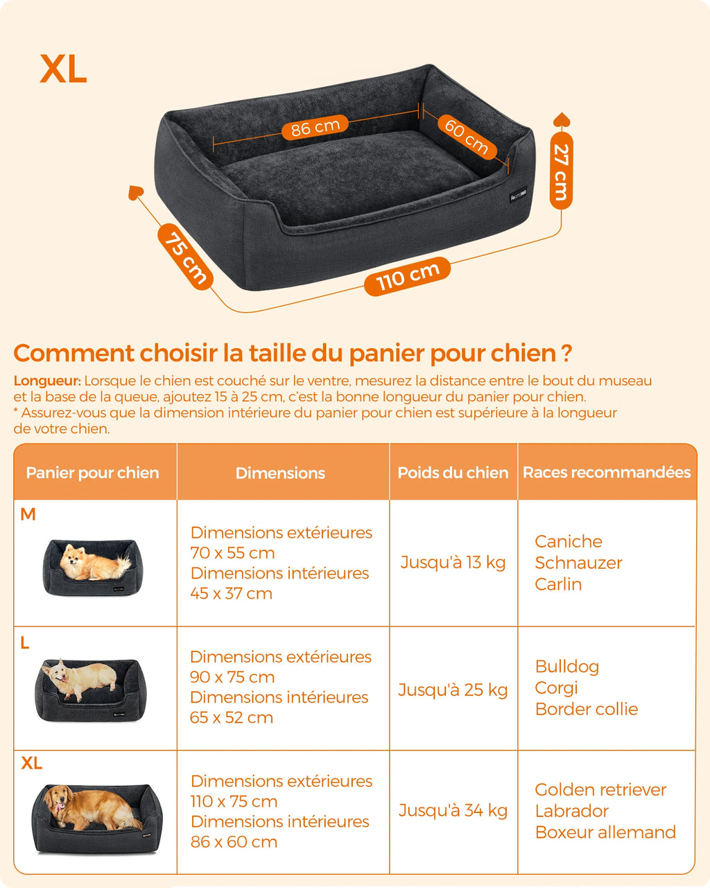 Grand lit pour chien gris foncé aspect lin – vue 4