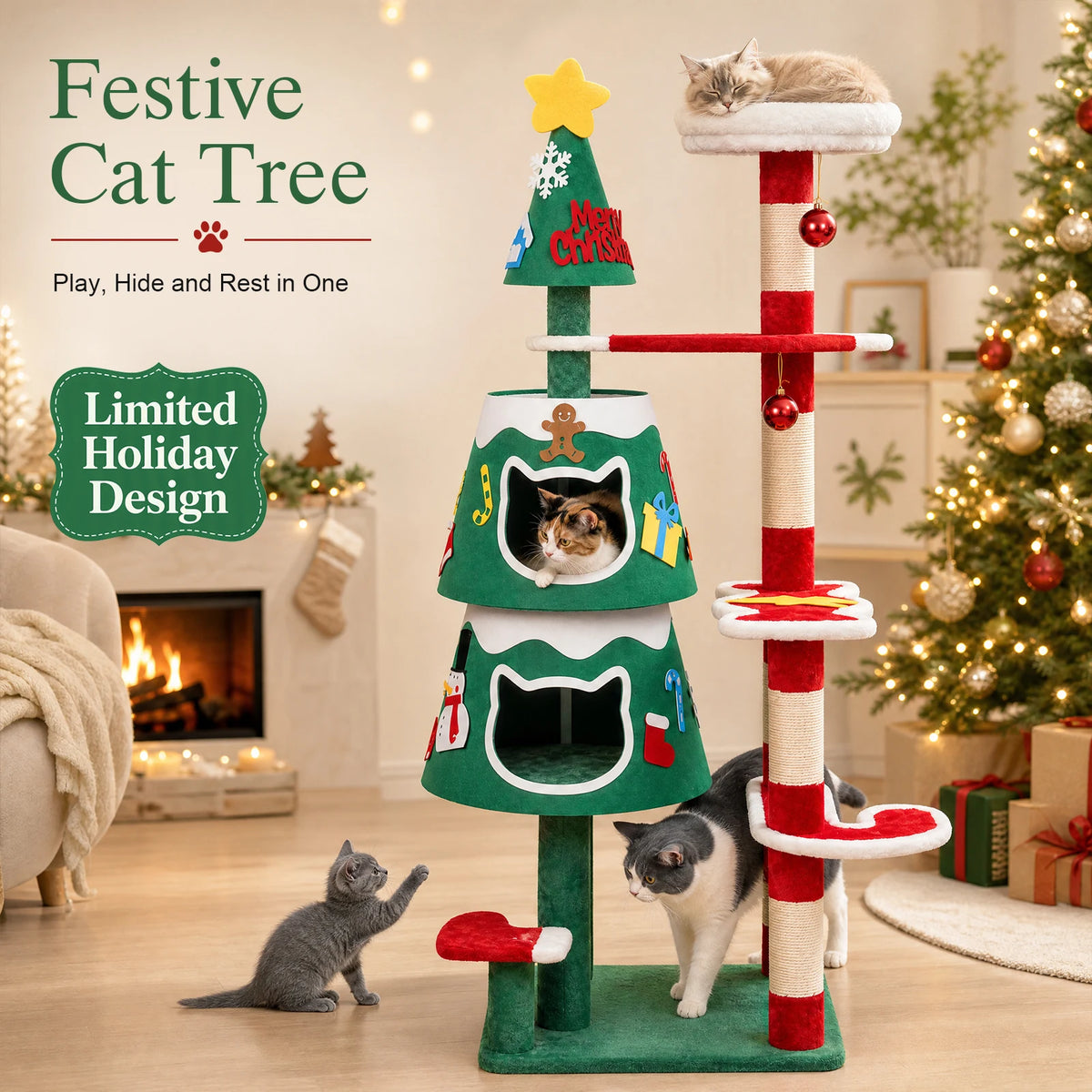 Arbre à chat sapin de Noël 144 cm, 2 niches et poteau en sisal