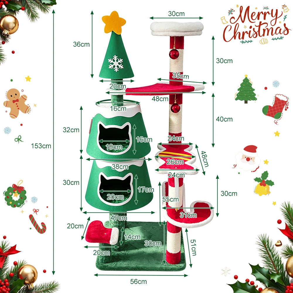 Arbre à chat sapin de Noël 144 cm, 2 niches et poteau en sisal