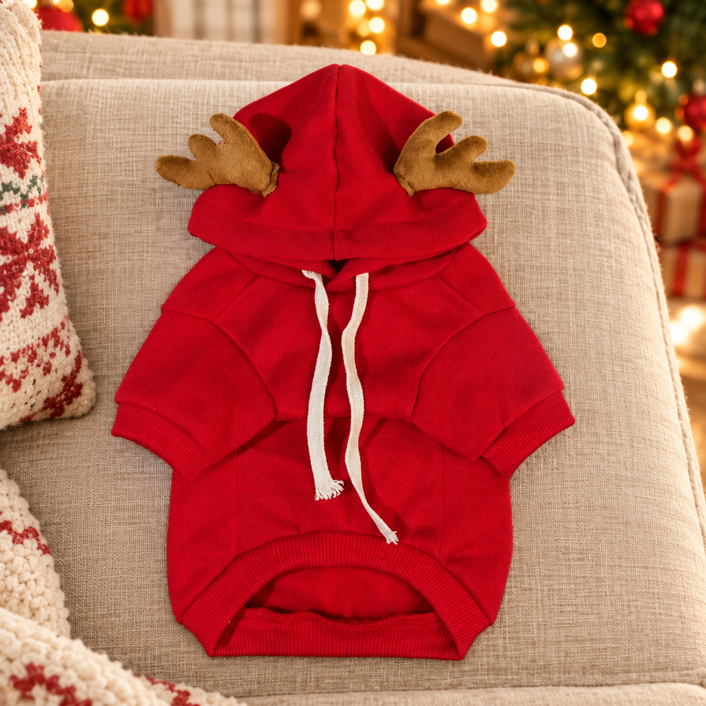 Pull de Noël à bois de renne pour chien et chat dans son décor