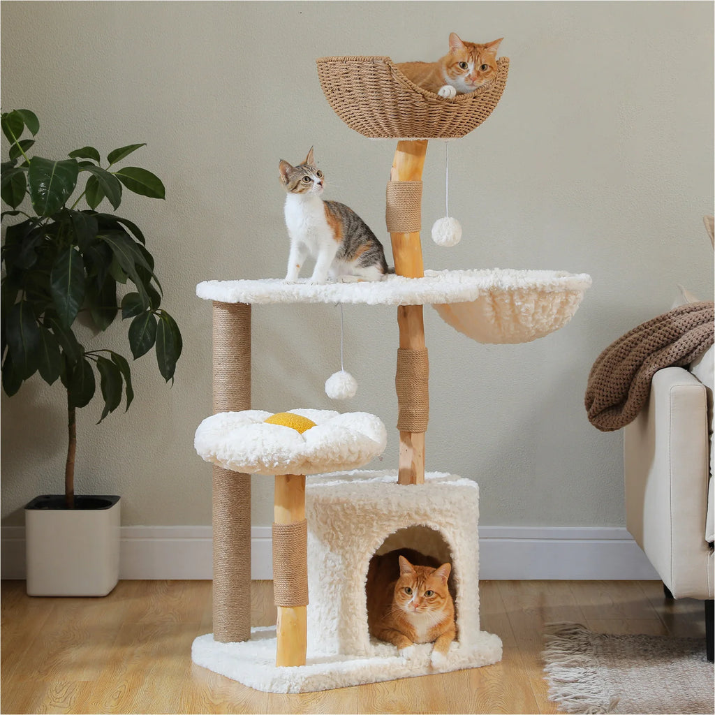 Arbre à chat en bois massif avec niche de luxe et lit fleur