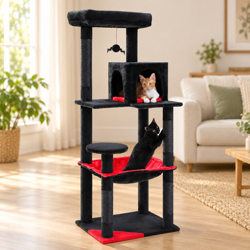 Arbre à chat 5 niveaux avec hamac dans un intérieur chaleureux