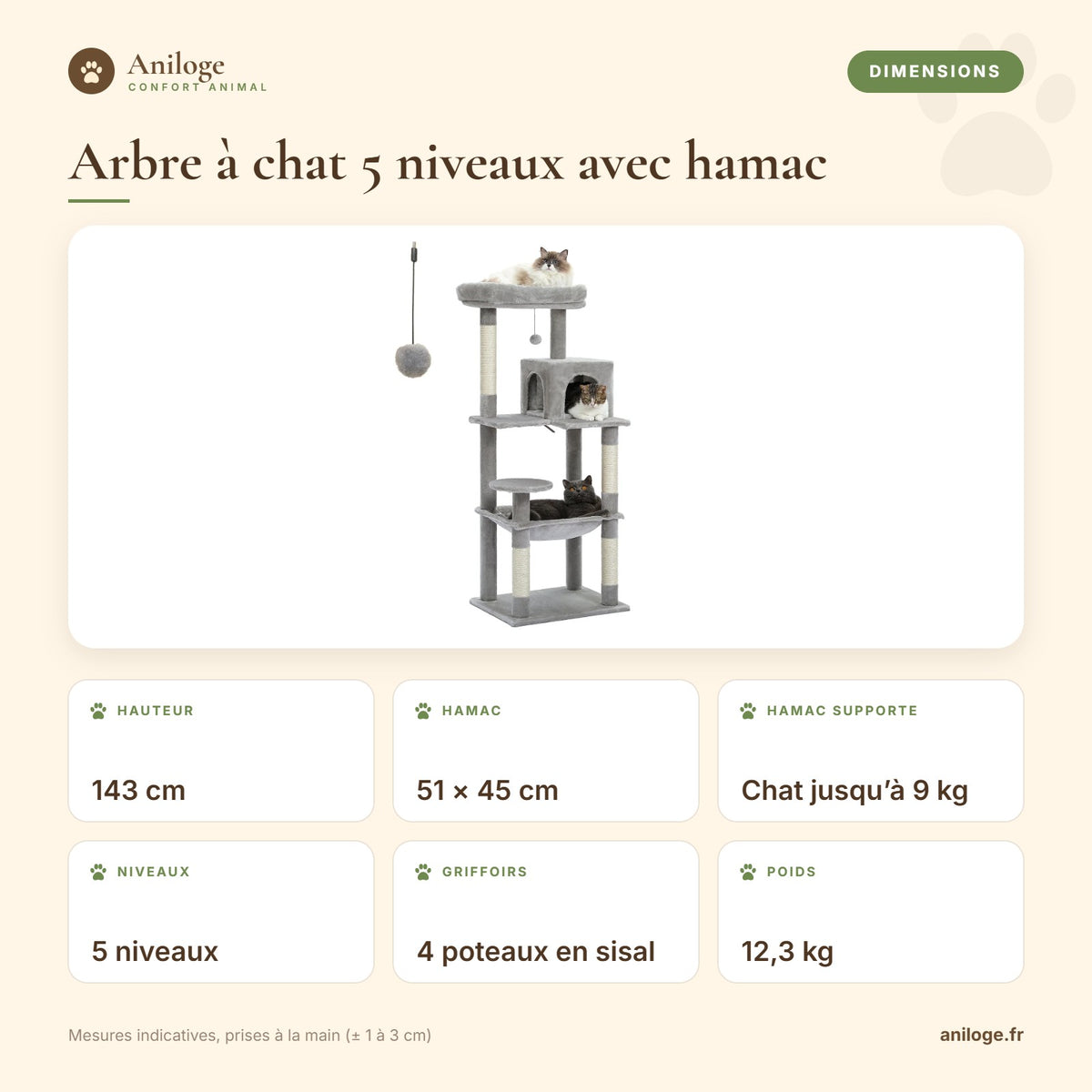 Dimensions de l’arbre à chat 5 niveaux avec hamac