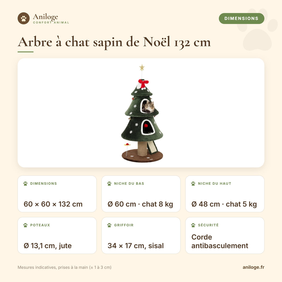 Dimensions de l’arbre à chat sapin de Noël 132 cm