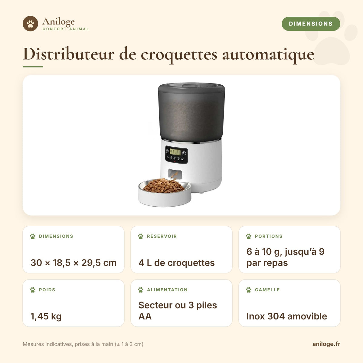 Dimensions et caractéristiques du distributeur de croquettes automatique