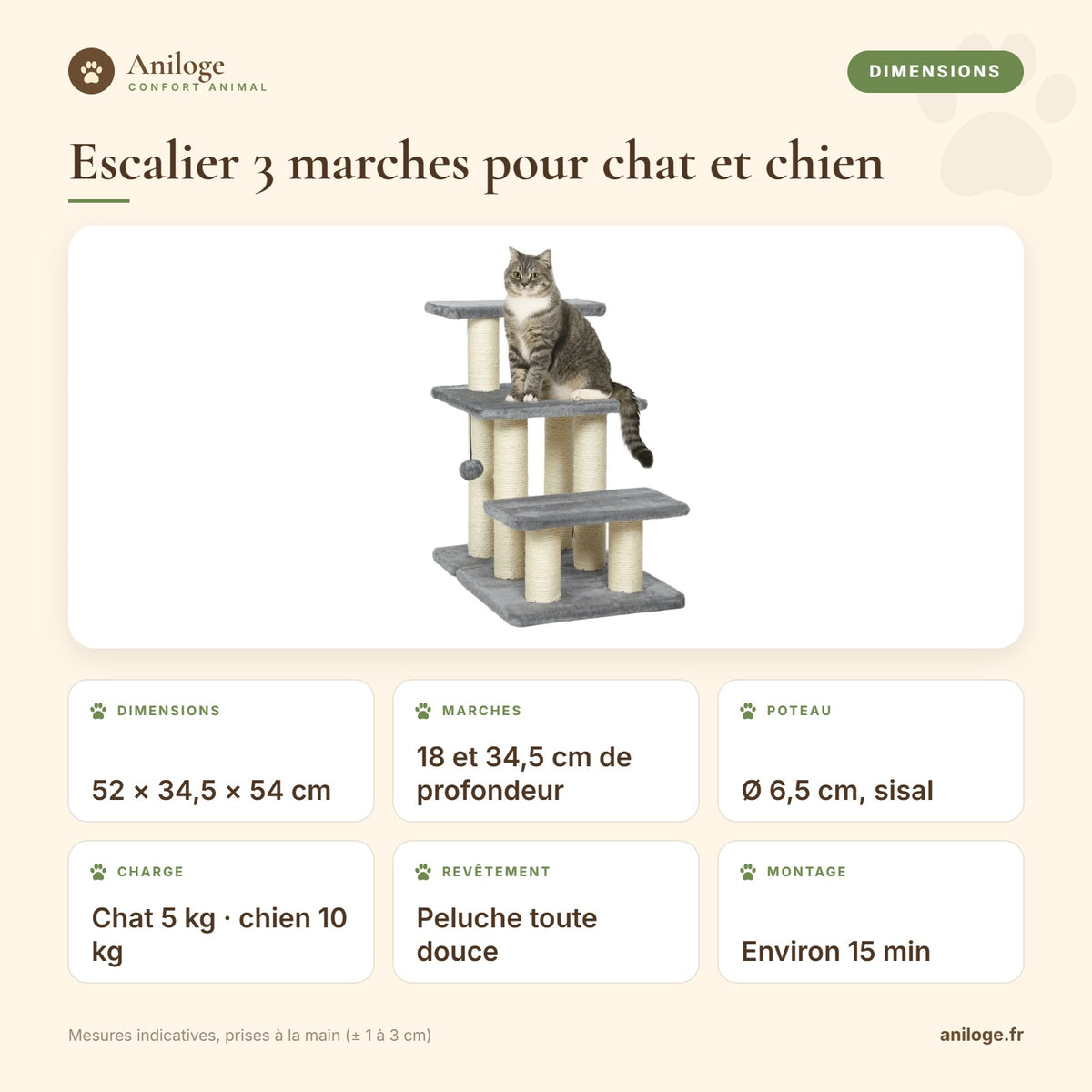 Dimensions de l’escalier 3 marches pour chat et chien