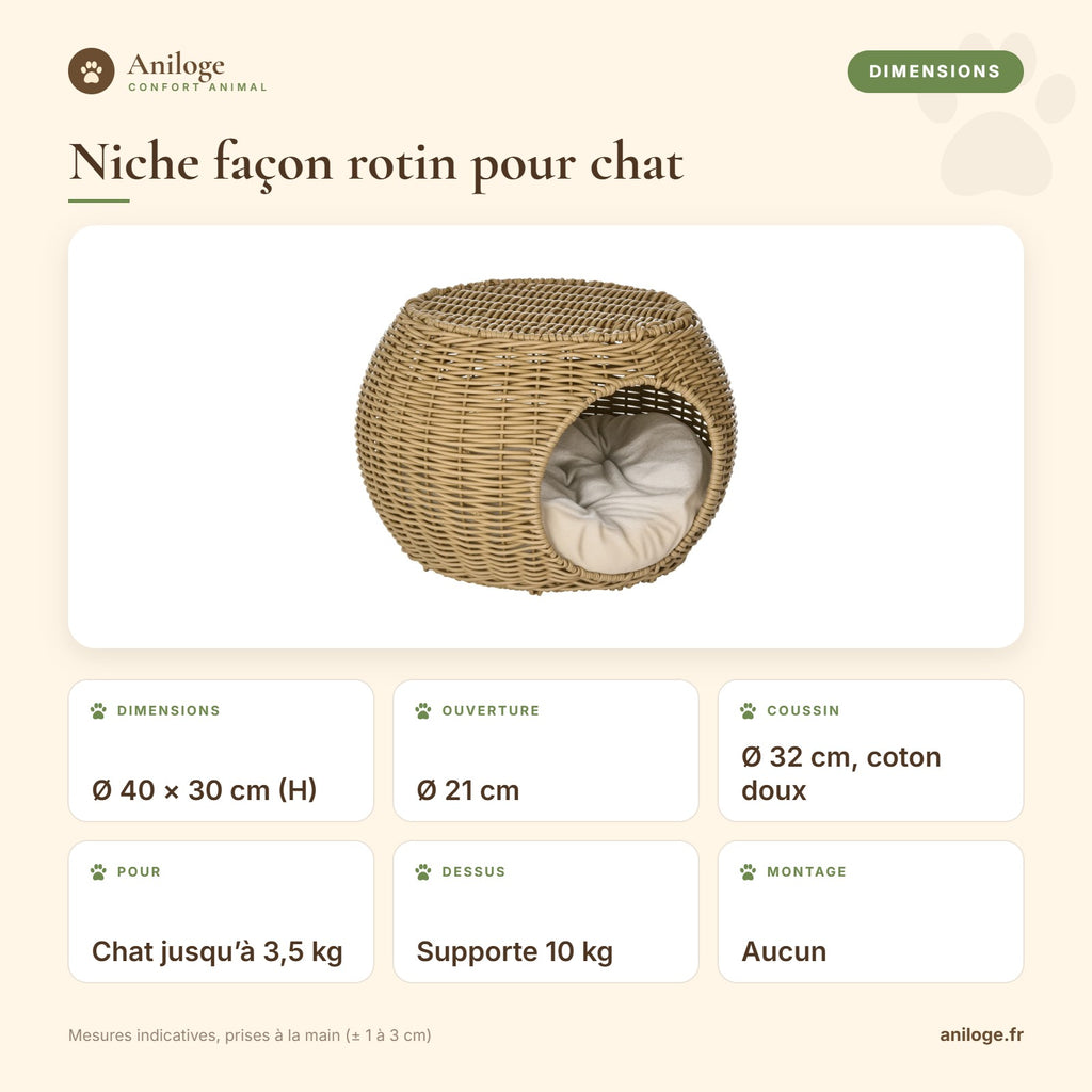 Dimensions de la niche façon rotin pour chat : Ø 40 × 30 cm