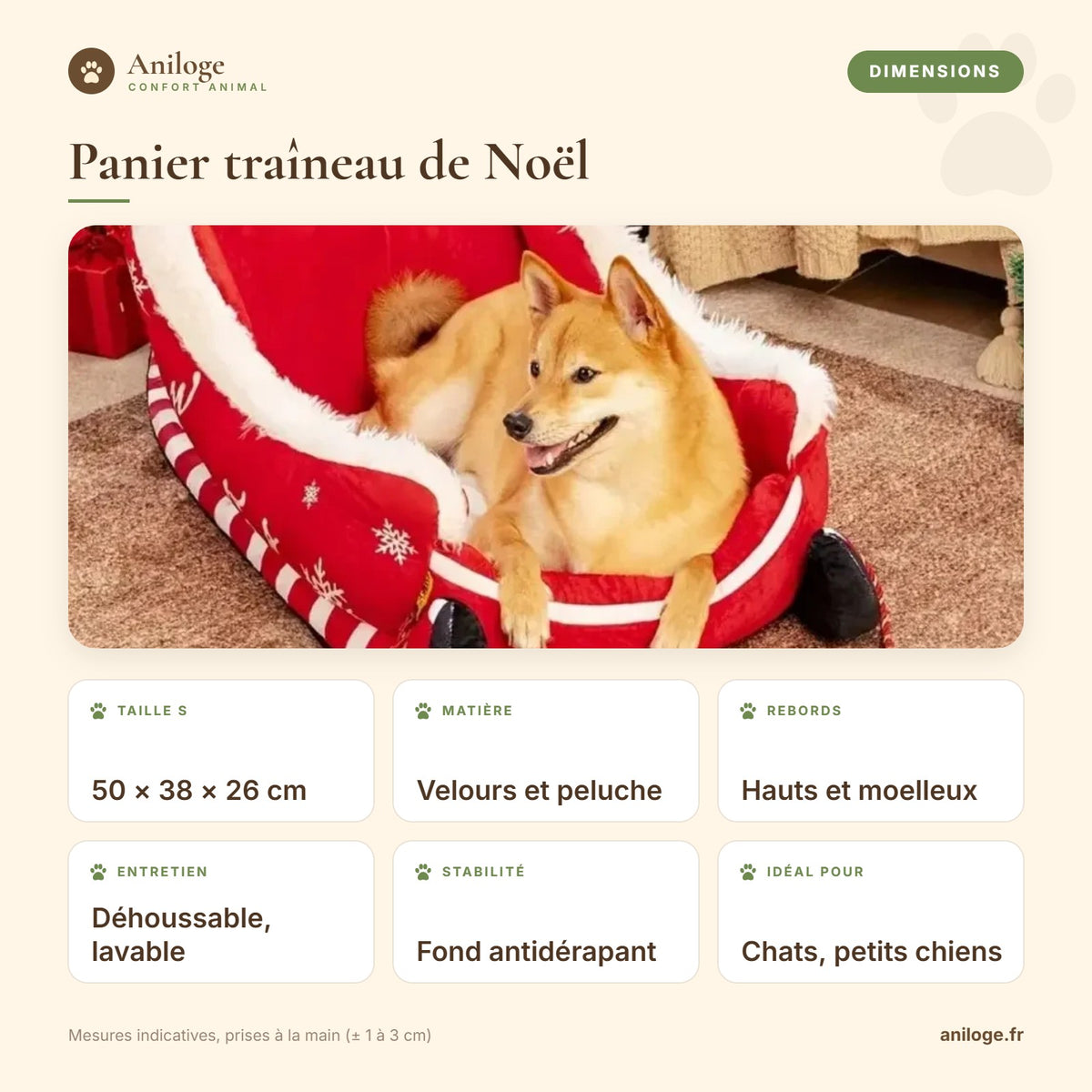 Dimensions du panier traîneau de Noël : 50 × 38 × 26 cm