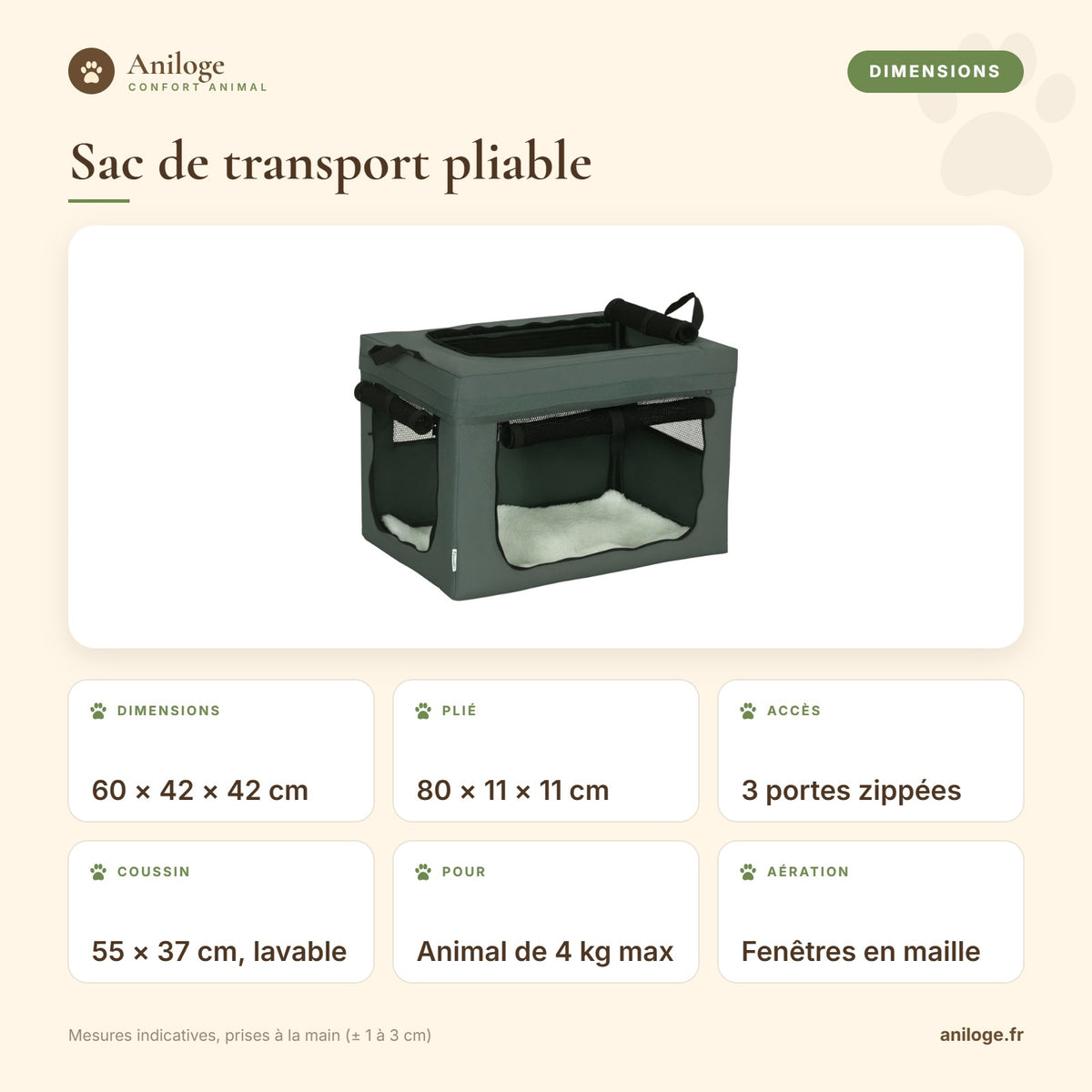 Dimensions du sac de transport pliable : 60 × 42 × 42 cm