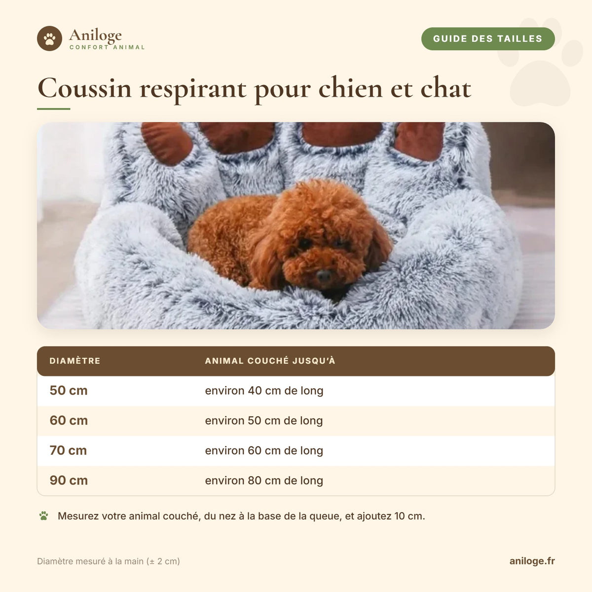 Guide des tailles du coussin respirant : diamètres 50, 60, 70 et 90 cm