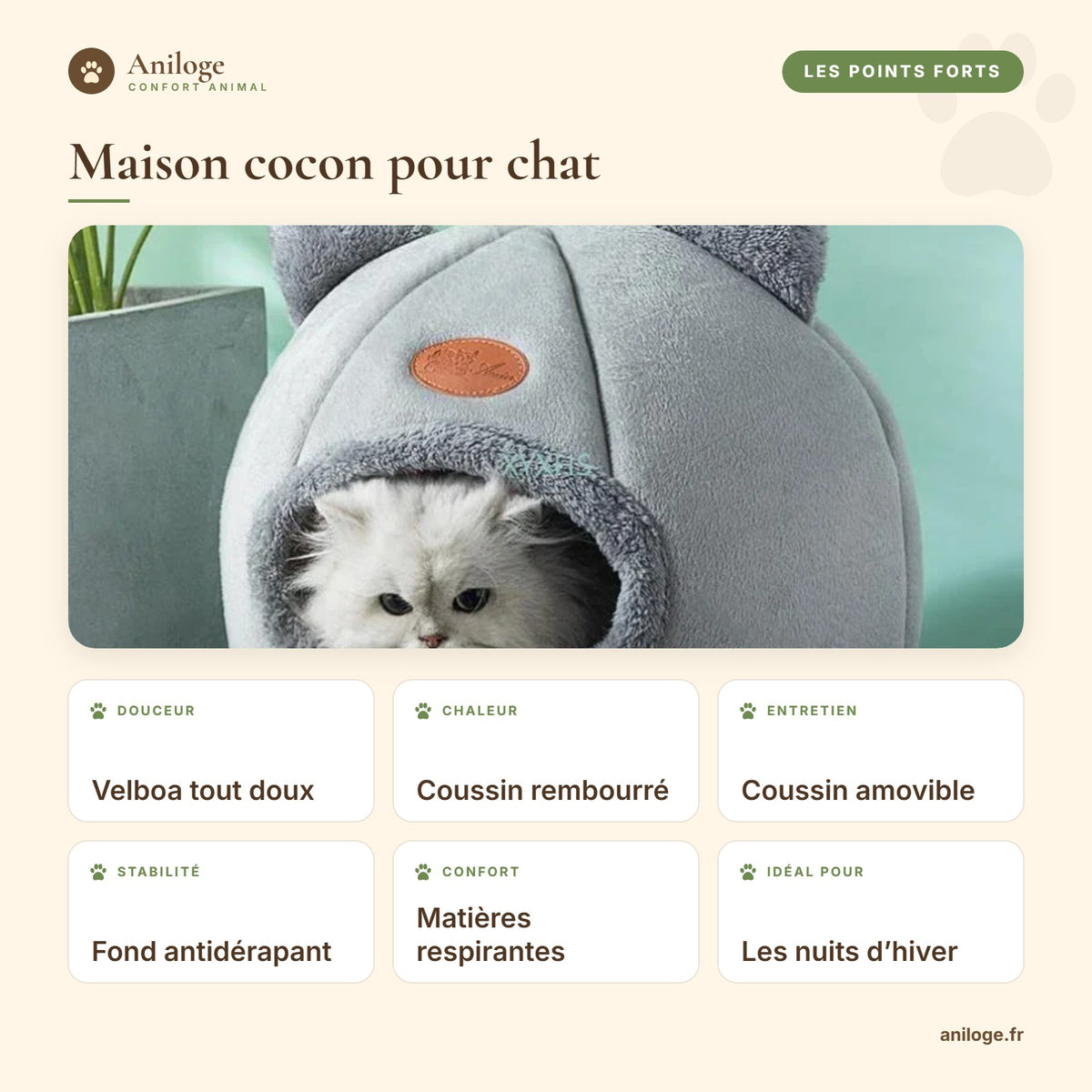 Confort de la maison cocon pour chat : douce, chaude, antidérapante