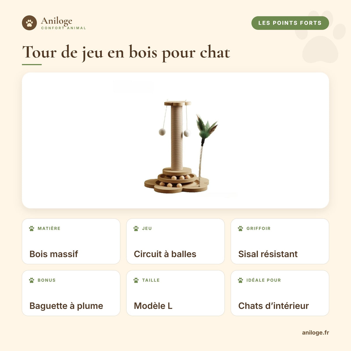 Points forts de la tour de jeu en bois pour chat