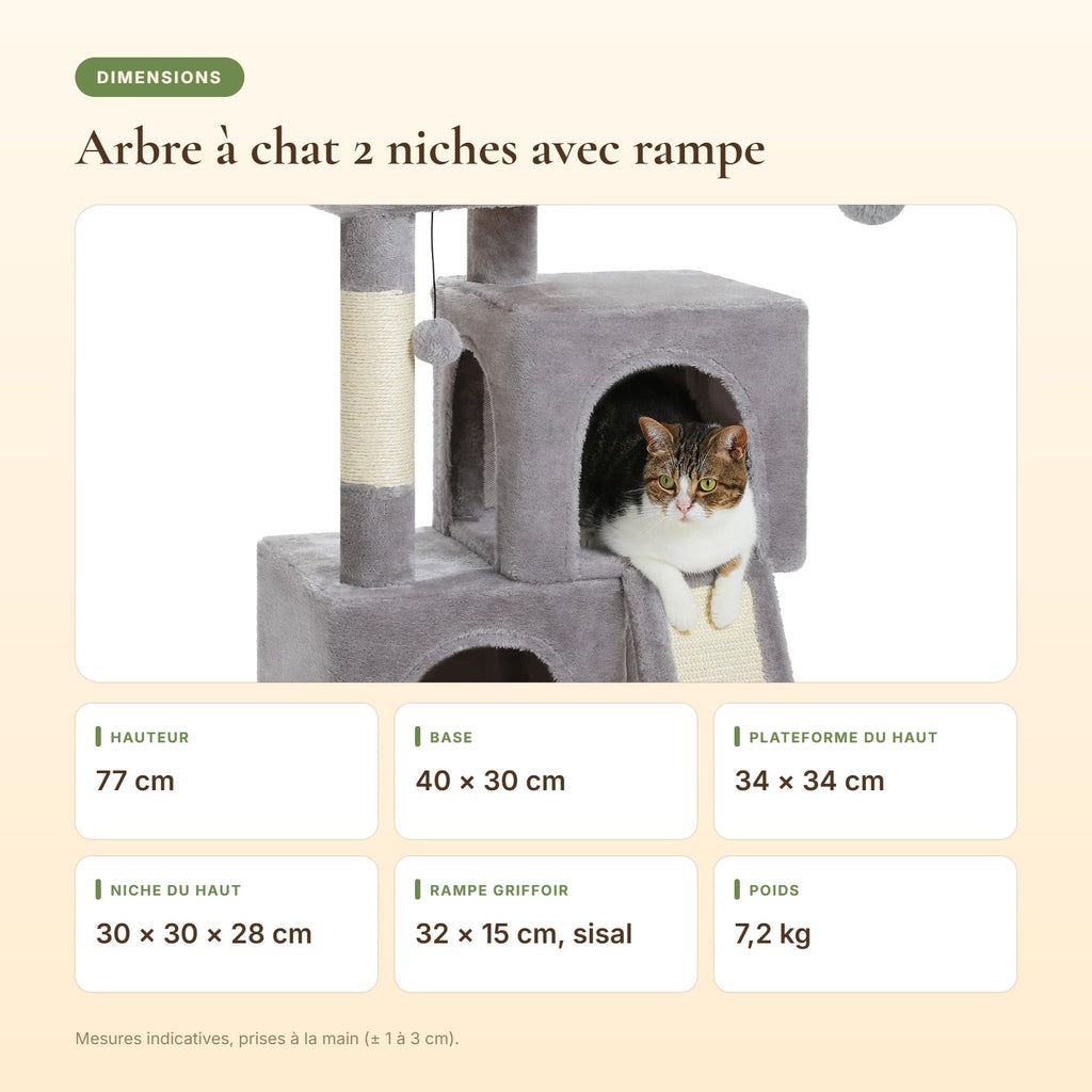 Dimensions de l'arbre à chat 2 niches avec rampe griffoir