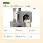 Dimensions de l'arbre à chat 2 niches avec rampe griffoir