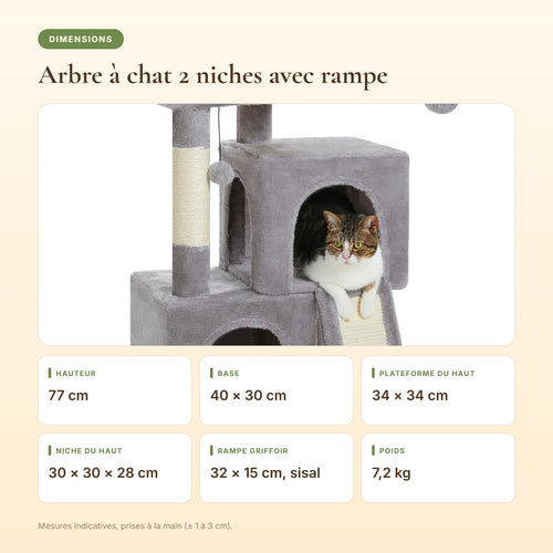 Dimensions de l'arbre à chat 2 niches avec rampe griffoir
