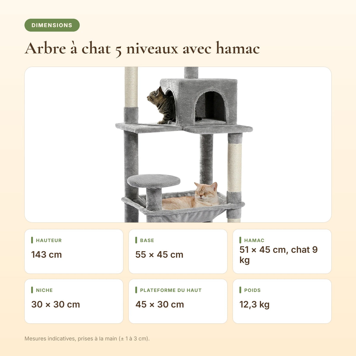 Dimensions de l'arbre à chat 5 niveaux avec hamac