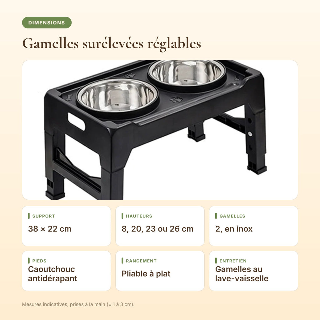 Dimensions des gamelles surélevées réglables