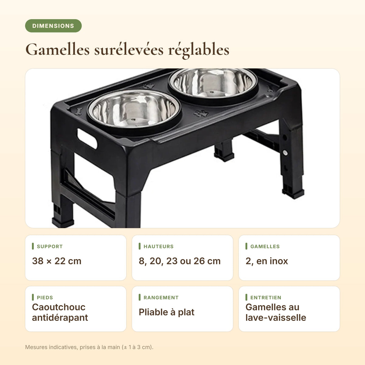 Dimensions des gamelles surélevées réglables