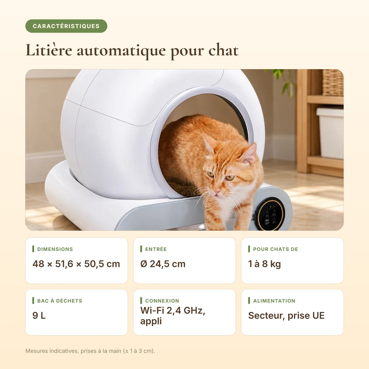 Dimensions et caractéristiques de la litière automatique