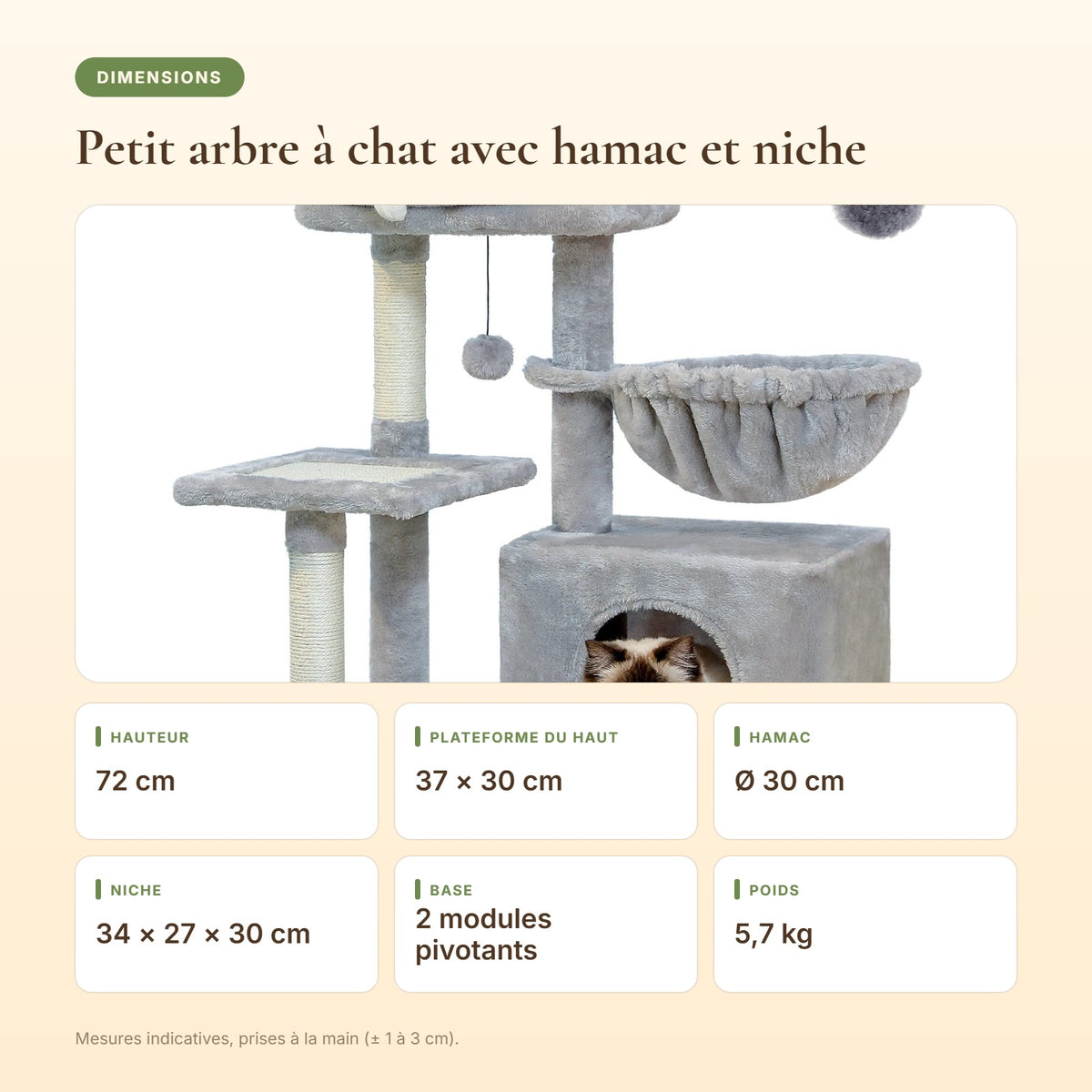Dimensions du petit arbre à chat avec hamac et niche