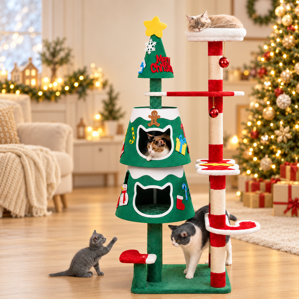 Arbre à chat sapin de Noël 144 cm, 2 niches et poteau en sisal — décor de Noël chaleureux généré par IA