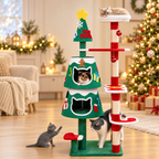 Arbre à chat sapin de Noël 144 cm, 2 niches et poteau en sisal — décor de Noël chaleureux généré par IA