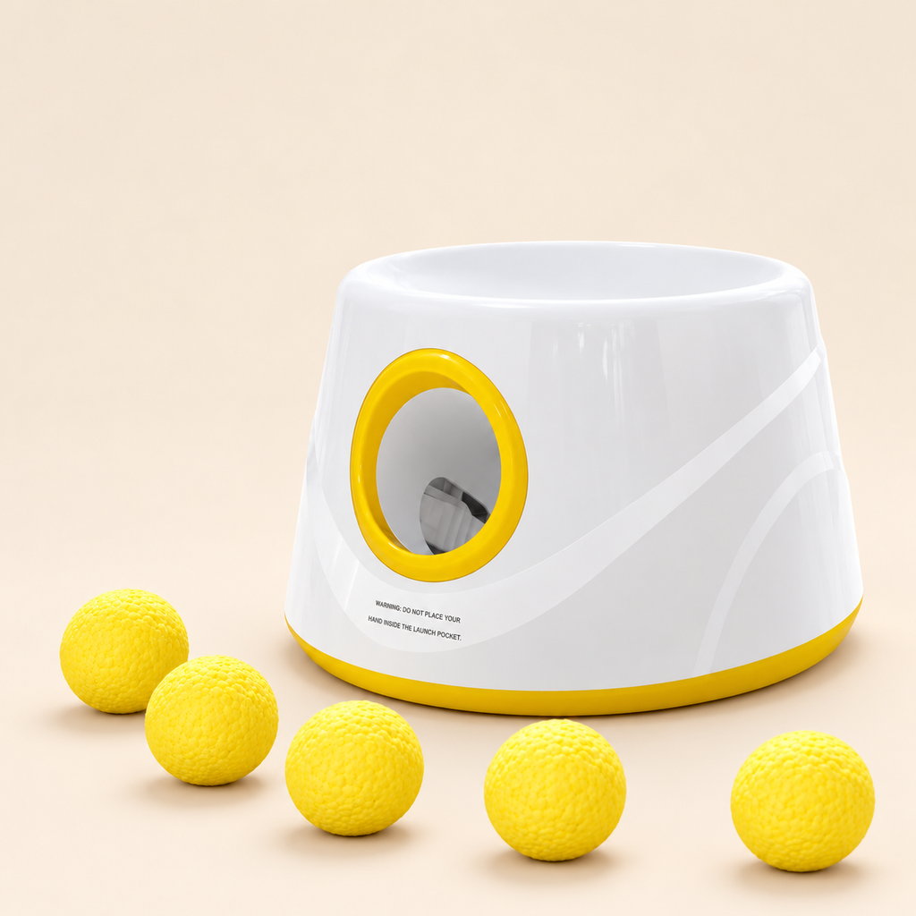 Lanceur de balles automatique pour chien, 5 balles — fond studio beige généré par IA