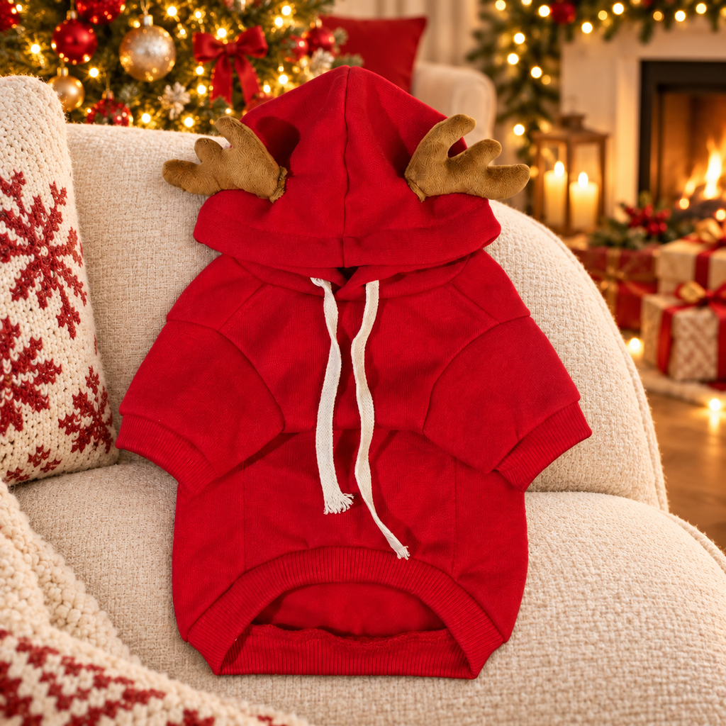 Pull de Noël à bois de renne pour chien et chat — décor de Noël chaleureux généré par IA